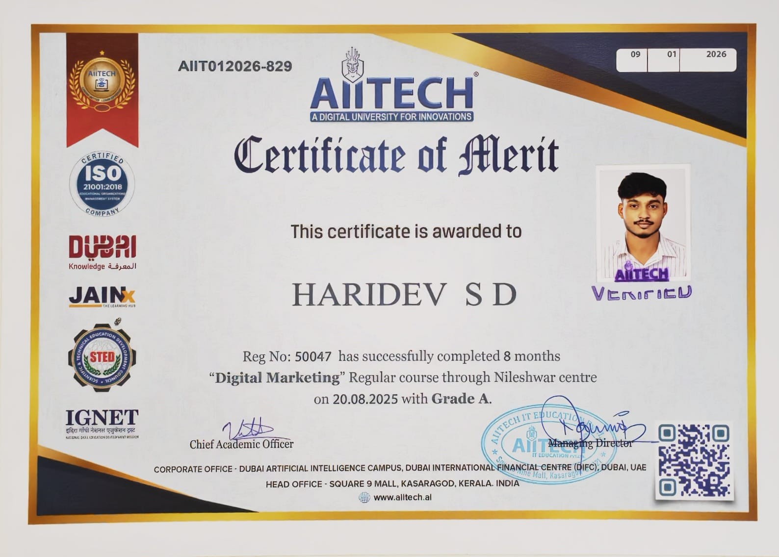 AIITECH Digital Marketing Certificate of Merit